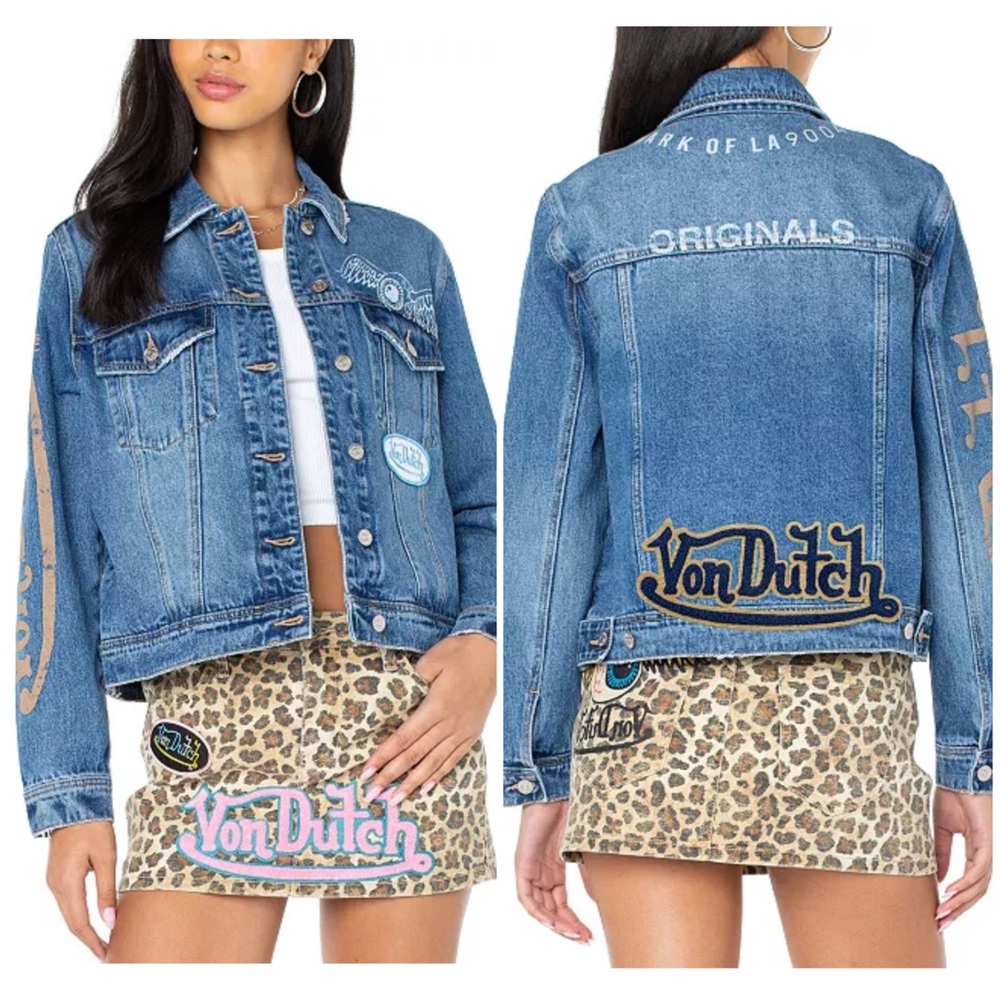 NEW Size Large Von Dutch Womens Cotton Denim Logo Patch Y2K Trucker Jacket